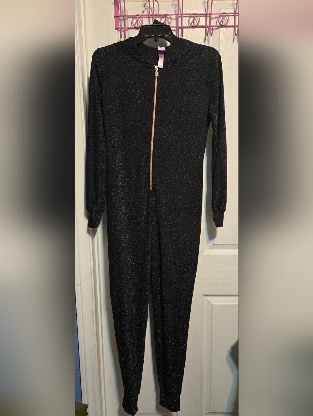 Savage X Fenty Sleep & Shine Hooded Jumpsuit S Black Glitter Sparkle Rihanna